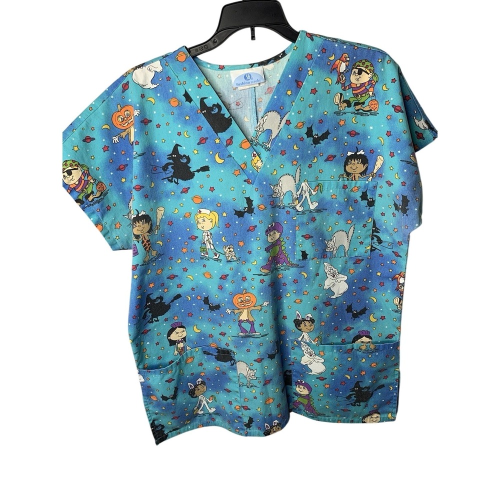 Women's S Vintage Halloween Rare‎ Scrub Top Nurse Uniform Piediatrics  Ghost Cat